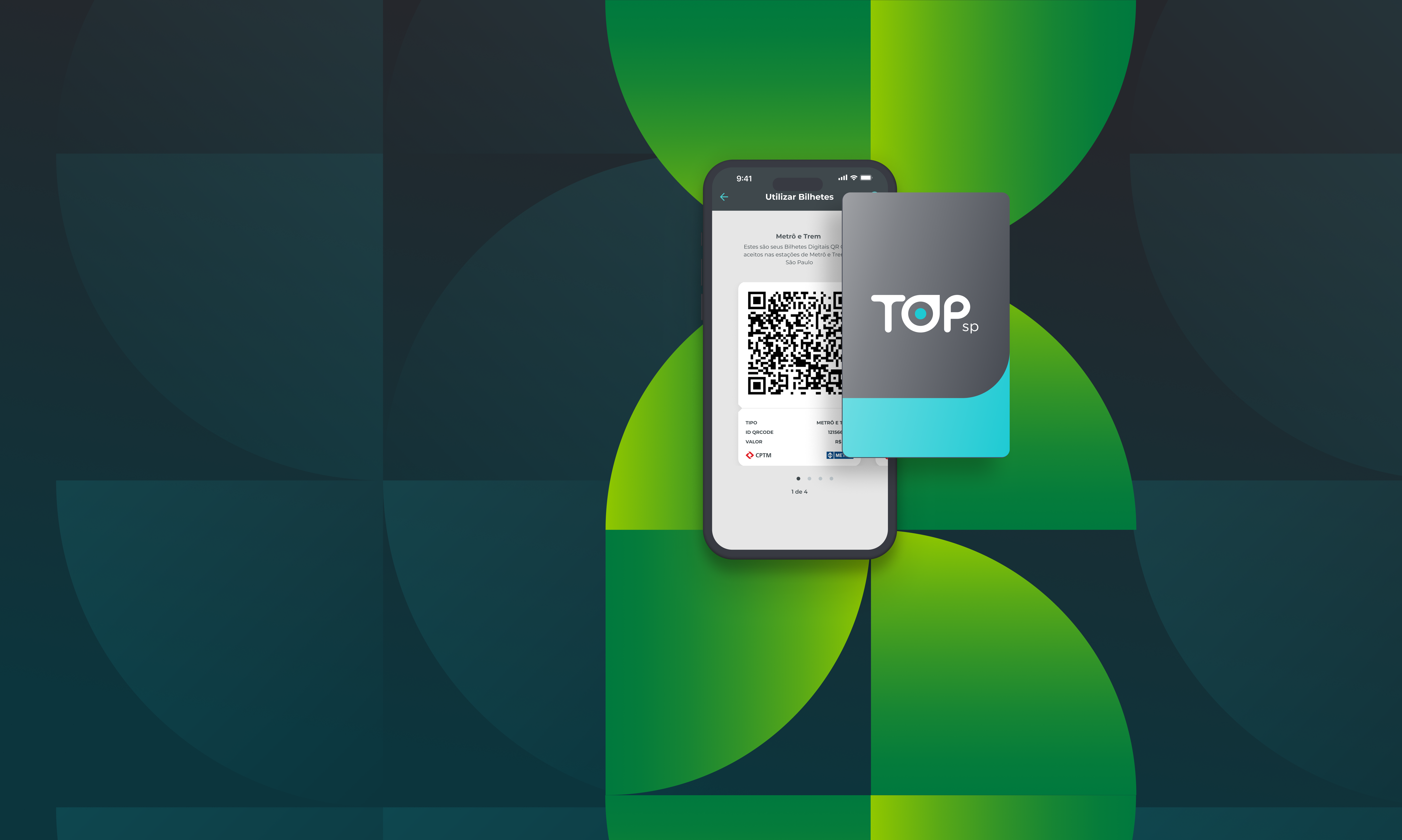 formas geométricas em tons azuis, uma mão segurando um iphone com a tela no app bora de top